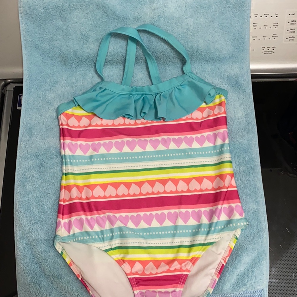Gymboree one piece, teal with stripes and hearts